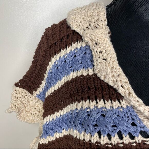 Zara Sweater Crochet Stripe Knit Short Sleeve Hooded V Neck Top Tan Blue Small - Picture 5 of 10